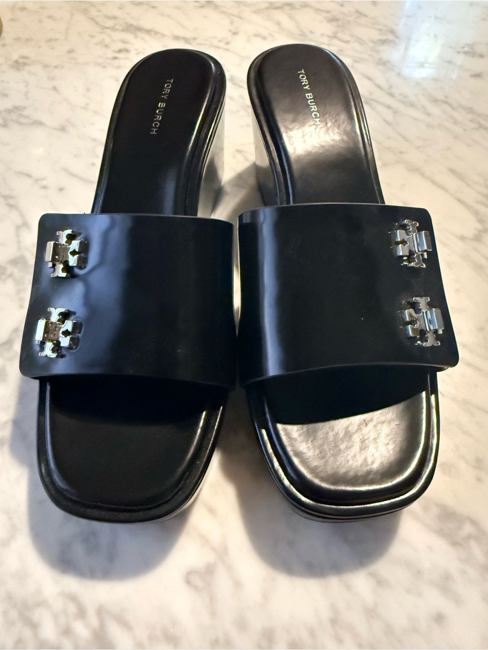 Tory Burch Black Patent Wedge Slide Mules - Picture 2 of 3